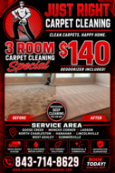 3 room Carpet Cleaning $140-Professional Carpet cleaning service that serves the areas of Goose Creek,Moncks Corner,Ladson,North Charleston Hanahan,Summerville.